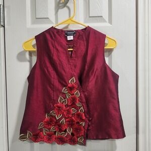 Cassure SD‎ & Kim Silk Vest Womens L Burgundy Floral Embroidered Asian Top